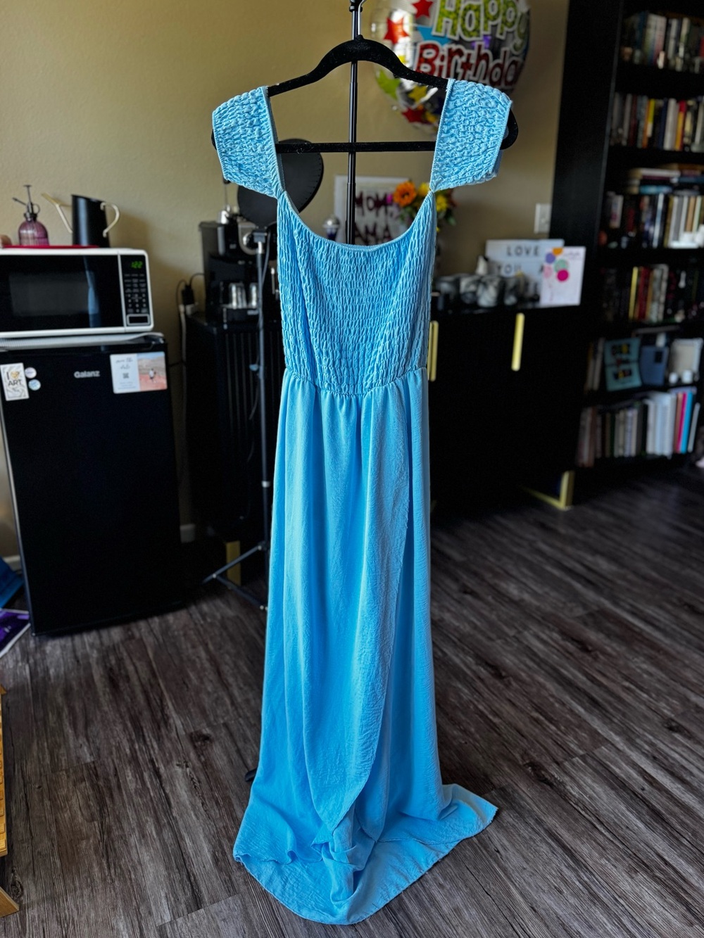 Sky-Blue Smocked Maxi Dress with Off the Shoulder Straps